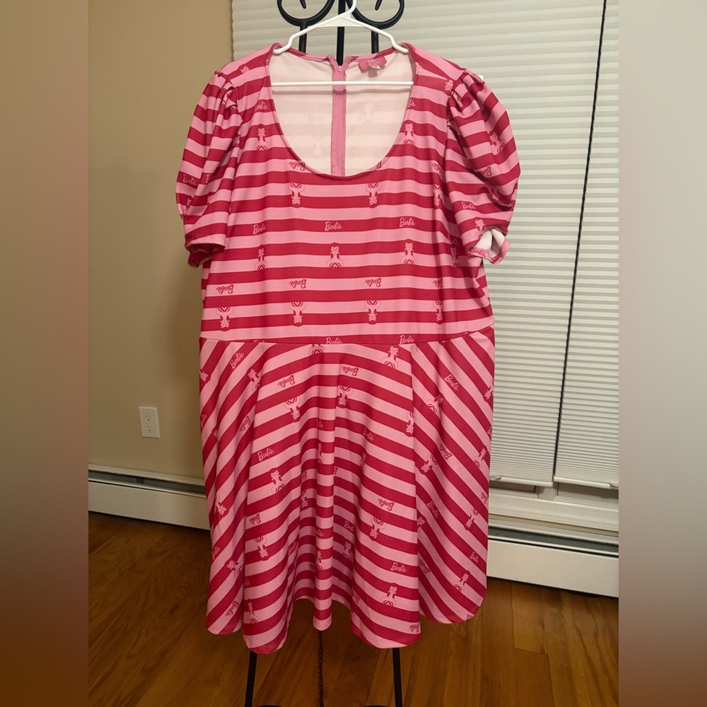 BARBIE X Unique VINTAGE Collab Pink Striped Flare Flirty Stretch Mini Dress - Picture 3 of 8